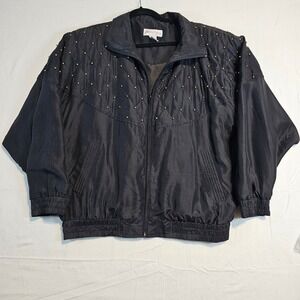 Vintage 100% Silk 80s 90s Black Studded Quilted Track Jacket Full Zip Size L
